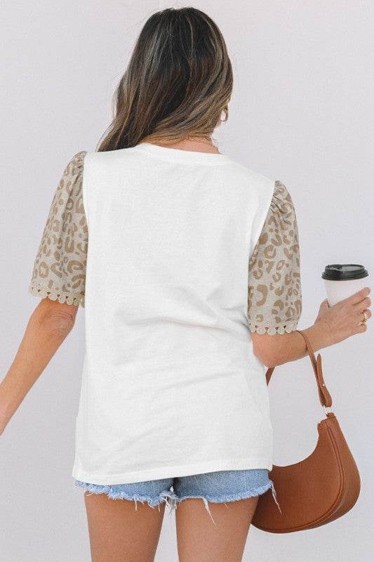 Leona Leopard Lace Trim Puff Sleeve Top