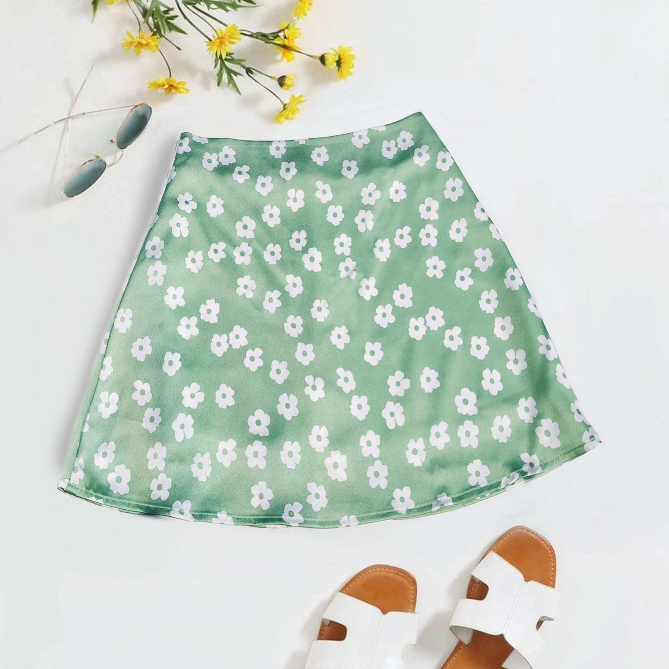 Summer High Waist Satin Printed Short Skirt Pink Small Floral Skirt