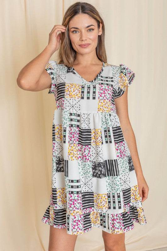 Mix Print Flutter Sleeve Mini Dress