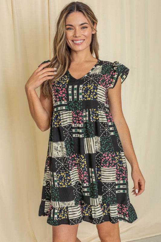 Mix Print Flutter Sleeve Mini Dress
