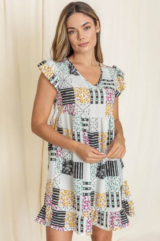 Mix Print Flutter Sleeve Mini Dress