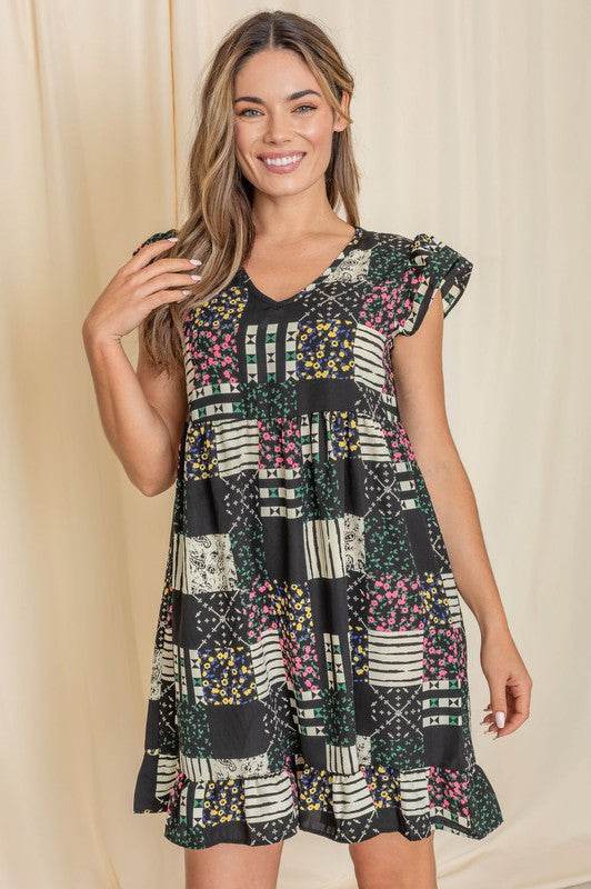 Mix Print Flutter Sleeve Mini Dress
