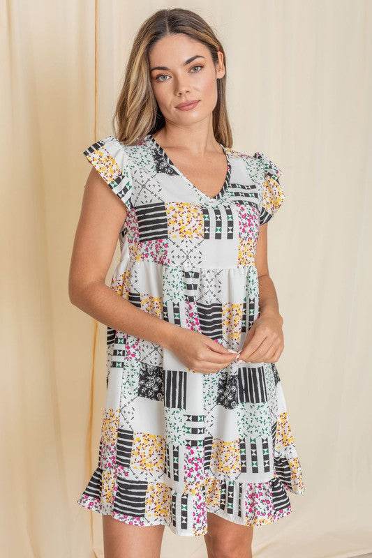 Mix Print Flutter Sleeve Mini Dress