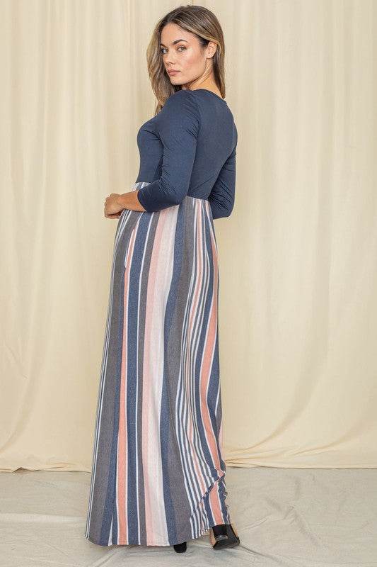 Stripe Quarter Sleeve Maxi Dress