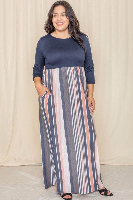 Plus Stripe Quarter Sleeve Maxi Dress