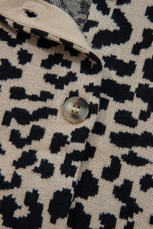 Leopard Drop Shoulder Chunky Cardigan Sweater