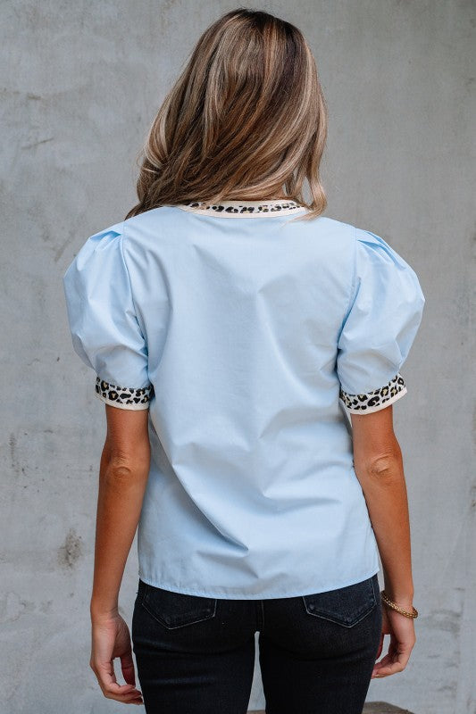 Mila Contrast Leopard Trim Split Neck Puff Sleeve