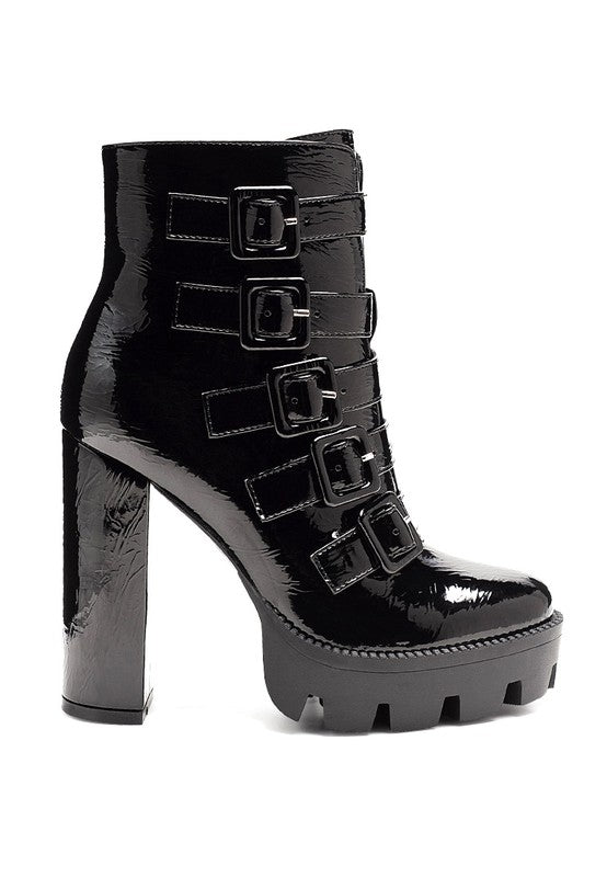 OUZAKI PATENT PU HIGH BLOCK HEELED BOOT