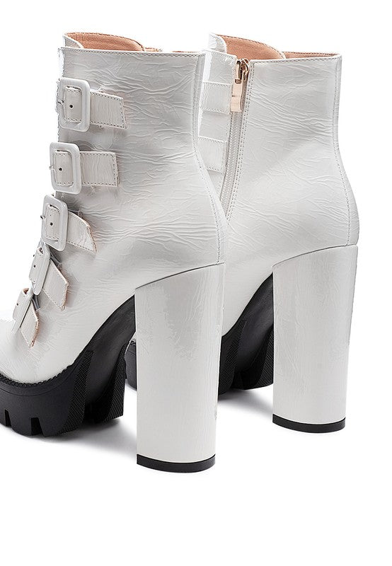 OUZAKI PATENT PU HIGH BLOCK HEELED BOOT