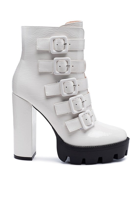 OUZAKI PATENT PU HIGH BLOCK HEELED BOOT