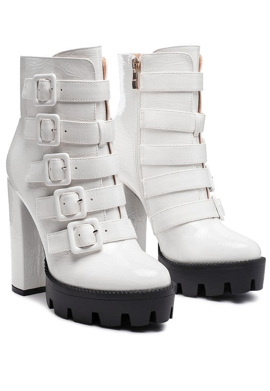 OUZAKI PATENT PU HIGH BLOCK HEELED BOOT