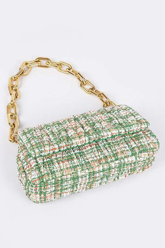Quilted Tweed Chunky Chain Shoulder Bag