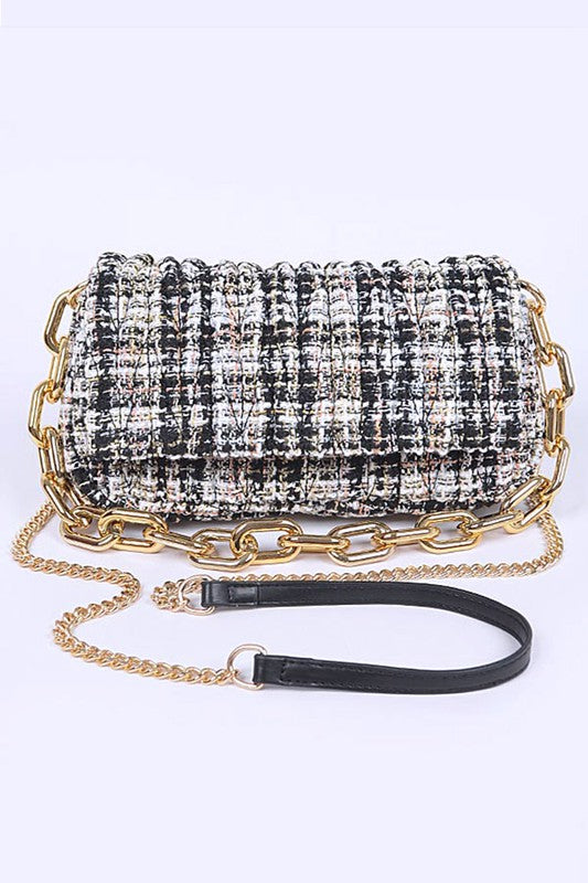 Quilted Tweed Chunky Chain Shoulder Bag