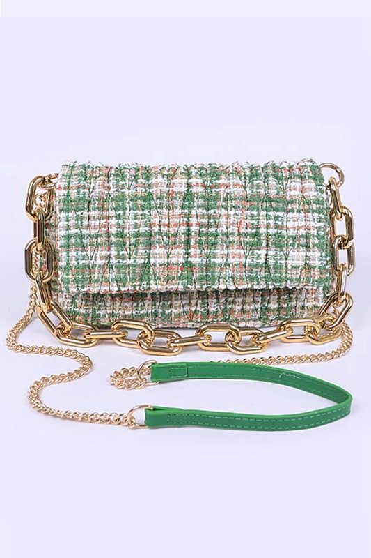 Quilted Tweed Chunky Chain Shoulder Bag