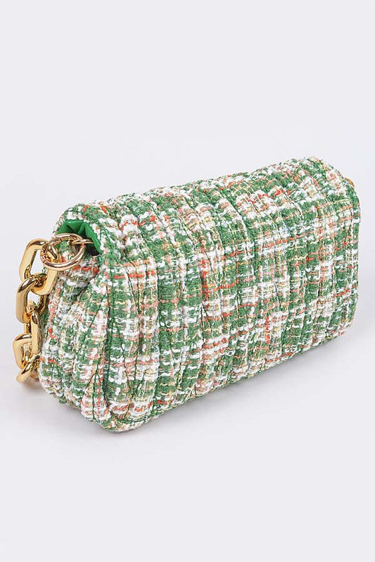 Quilted Tweed Chunky Chain Shoulder Bag