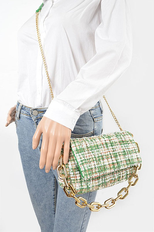 Quilted Tweed Chunky Chain Shoulder Bag