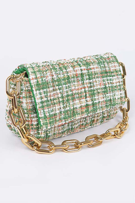 Quilted Tweed Chunky Chain Shoulder Bag