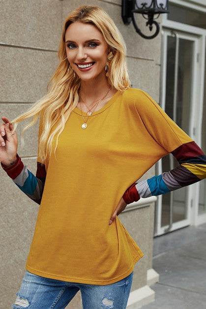 Crew Neck Basic Color Block Top