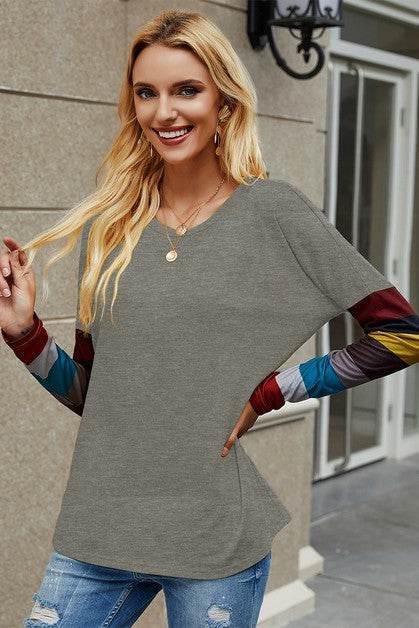 Crew Neck Basic Color Block Top