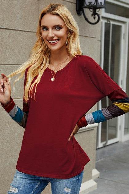 Crew Neck Basic Color Block Top