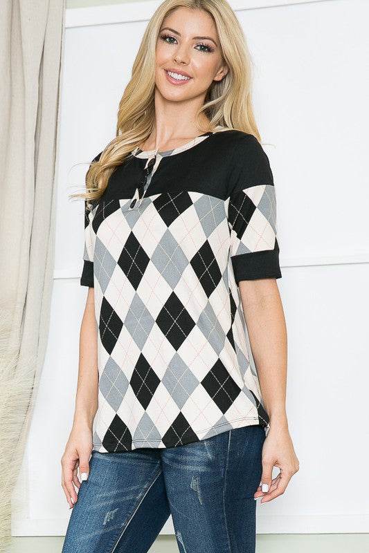 Argyle Print Button Front Jersey Top