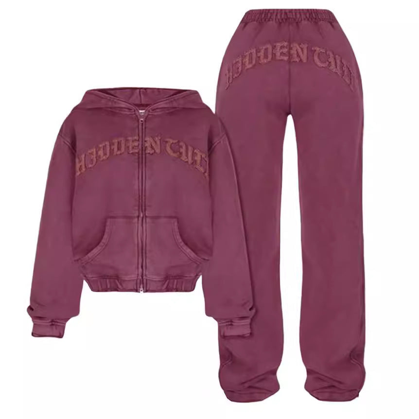 Ins Letter Sports Suit Zip-up Hooded Cropped Sweatshirt Top And Loose Drawstring Trousers