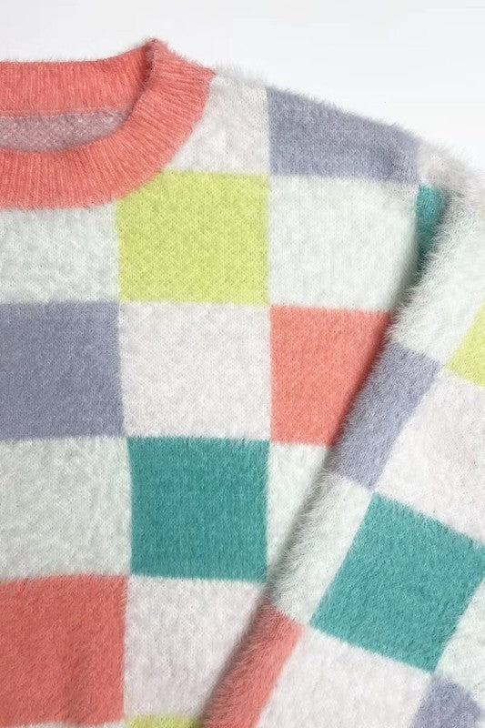 Fuzzy multicolor check sweater