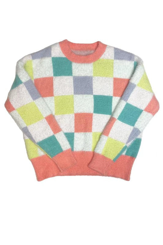 Fuzzy multicolor check sweater