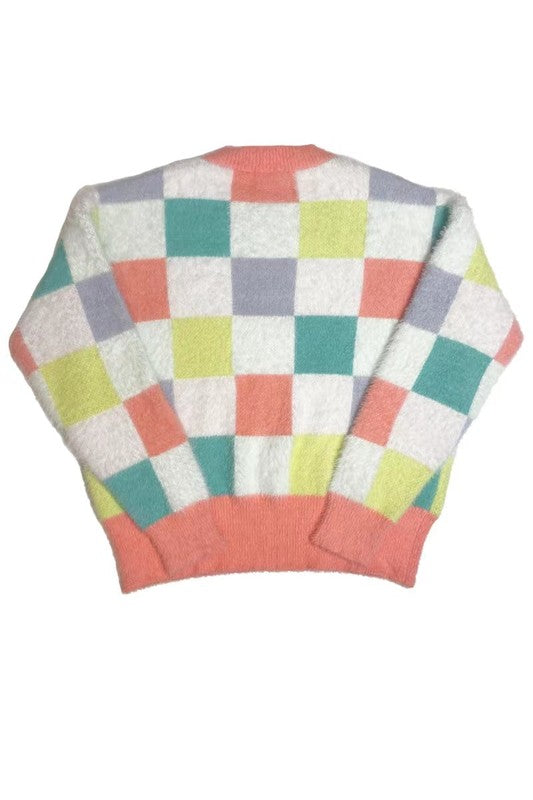 Fuzzy multicolor check sweater