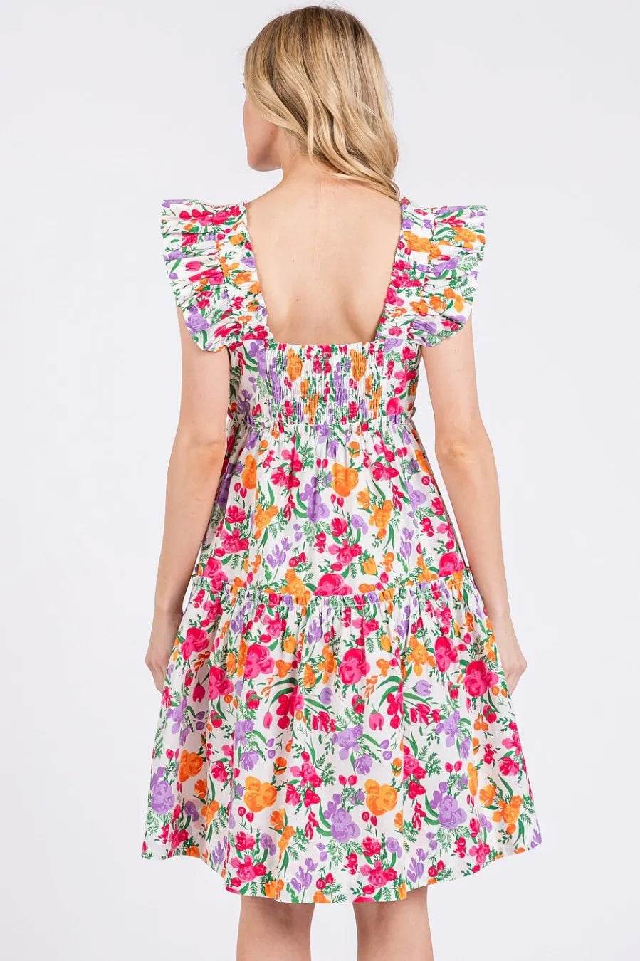 Mittoshop Flower Print Ruffle Shoulder A-line Mini Dress