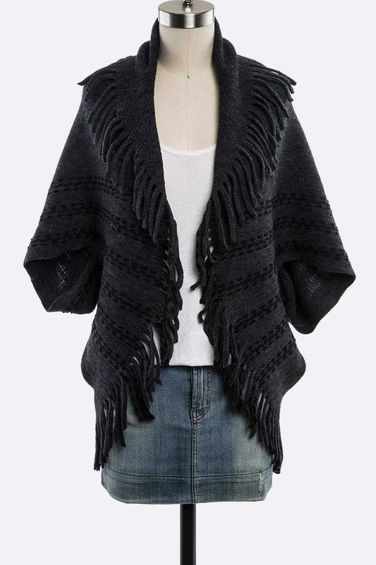 Fringe Lapel Collar Open Knit Cardigan
