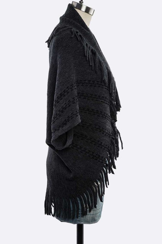 Fringe Lapel Collar Open Knit Cardigan