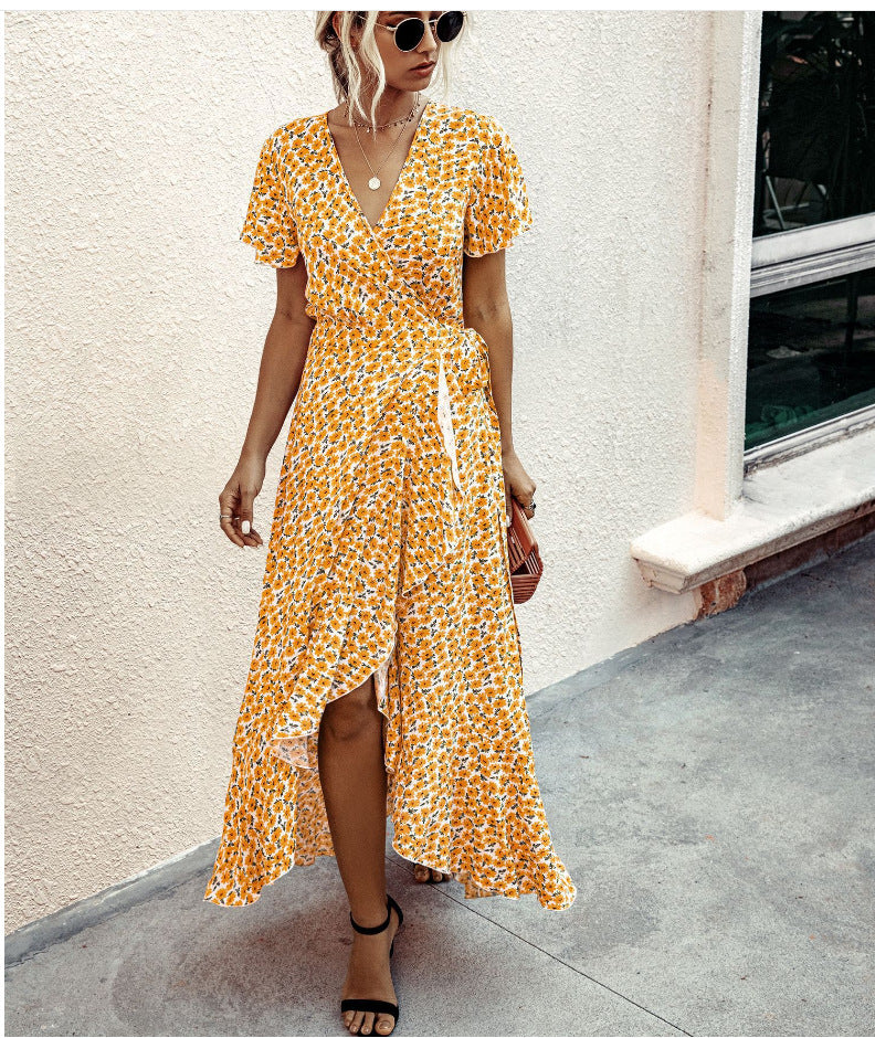Summer Dot Sexy V-neck Flounce Short Sleeve Women Dress