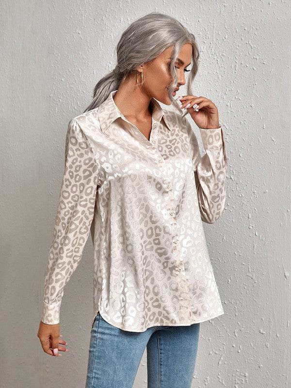 Satin leopard print button down shirt