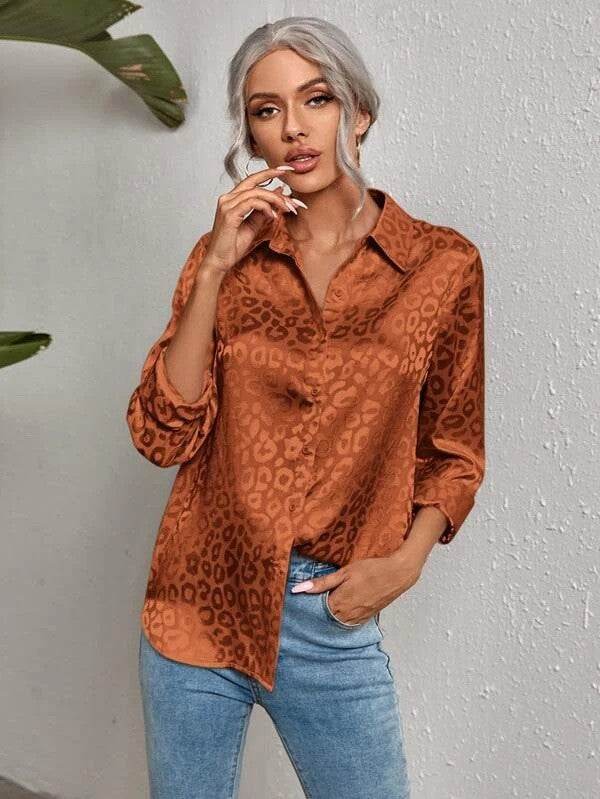 Satin leopard print button down shirt