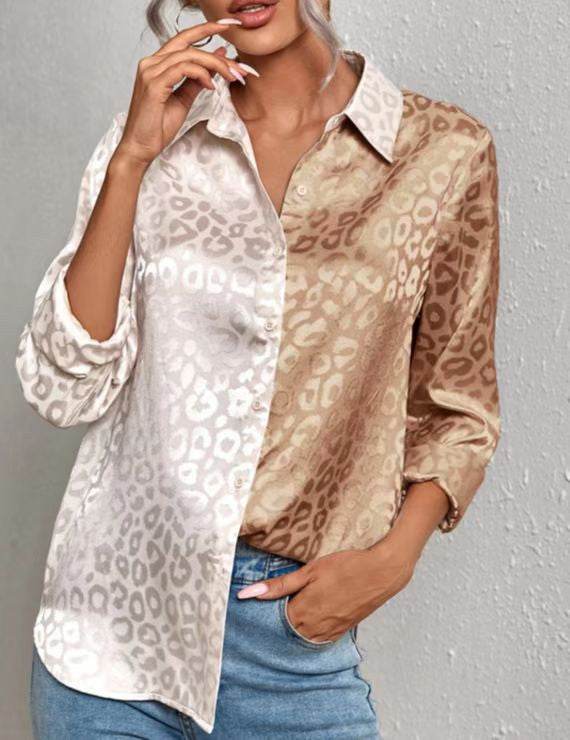 Satin leopard print button down shirt