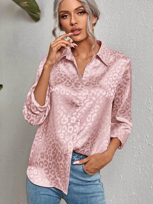 Satin leopard print button down shirt