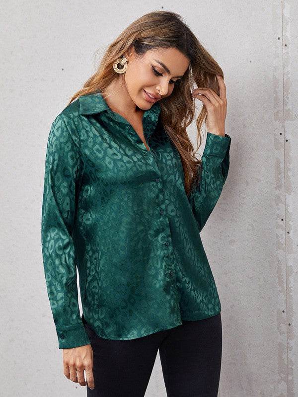 Satin leopard print button down shirt