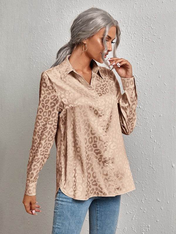 Satin leopard print button down shirt