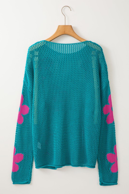 Dulce Big Flower Hollowed Knit Drop Shoulder Sweat