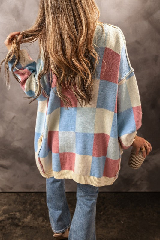 Checkered Drop Shoulder Seam Open Front Cardigan