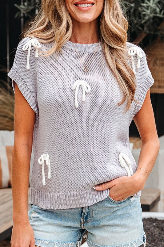 Solid Bow Applique Cap Sleeve Sweater