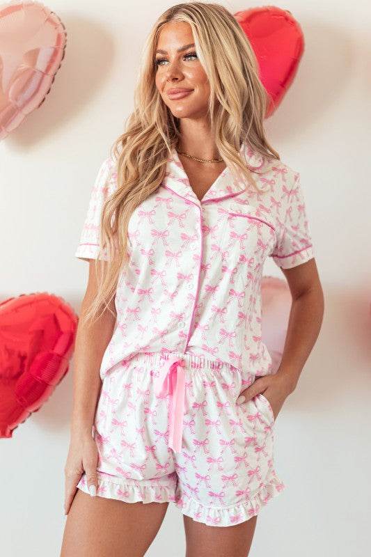 Pink Short Sleeve and Ruffled Shorts Pajama Set