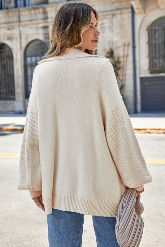 Solid Lapel Collar Single Button Sweater Cardigan
