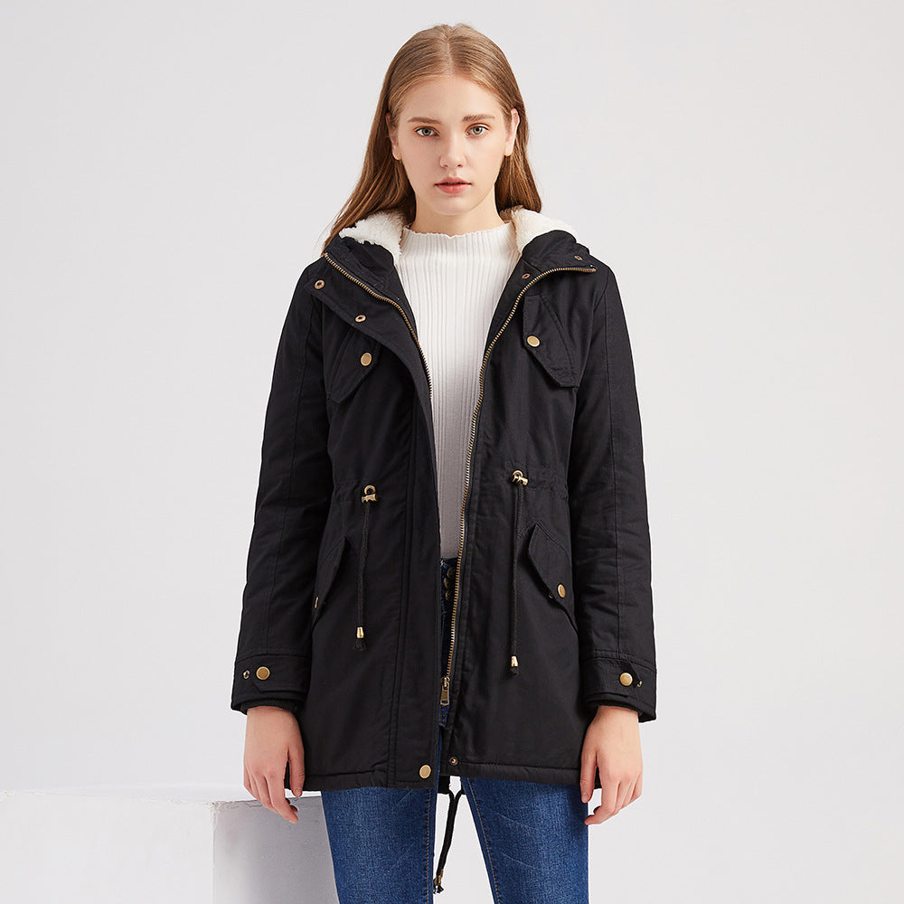 Size Autumn Winter New Women Cotton-Padded Coat Women Solid Color Hooded Drawstring Cinched Thickening Cotton-Padded Coat Velvet Cotton Clothes
