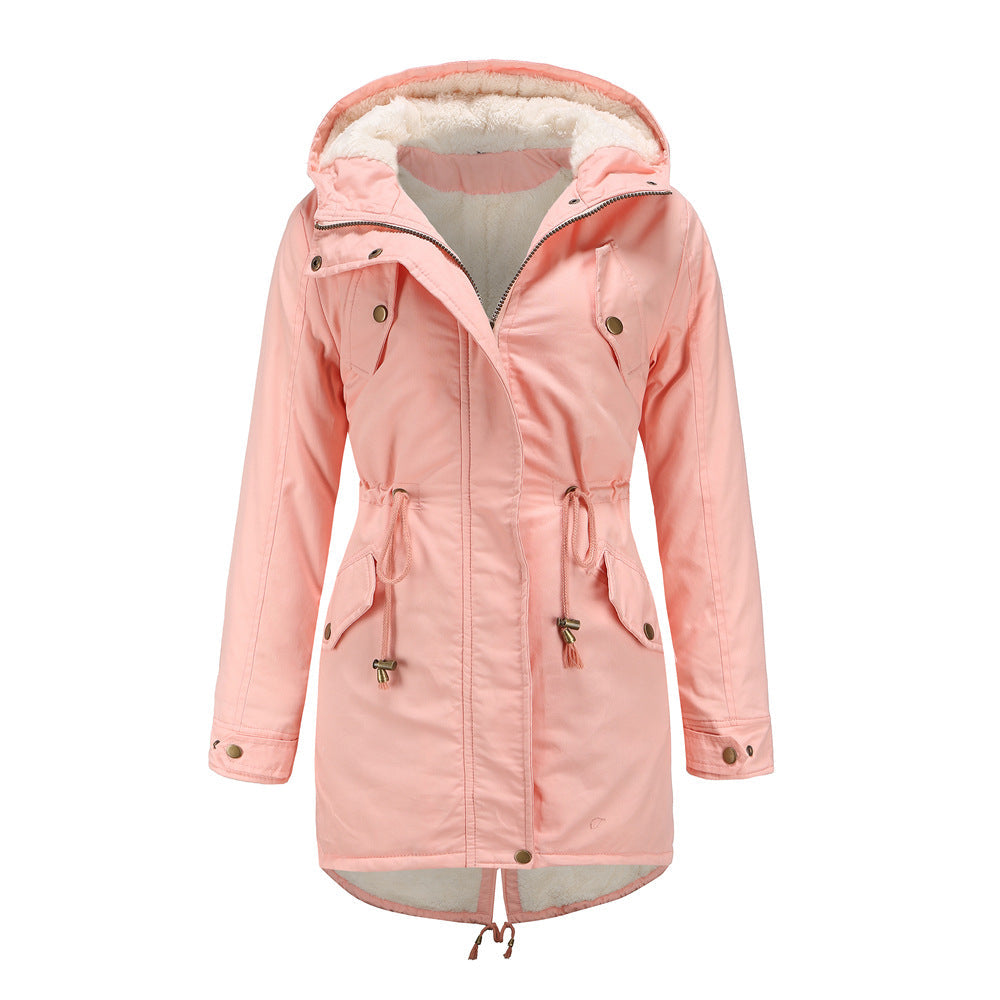 Size Autumn Winter New Women Cotton-Padded Coat Women Solid Color Hooded Drawstring Cinched Thickening Cotton-Padded Coat Velvet Cotton Clothes