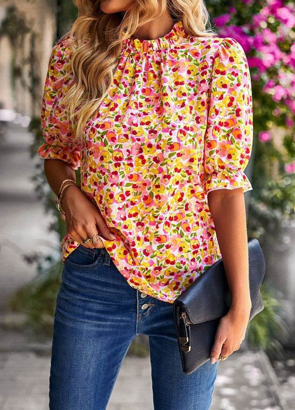Floral mock neck blouse