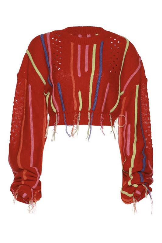 Distressed knit multicolored sweater