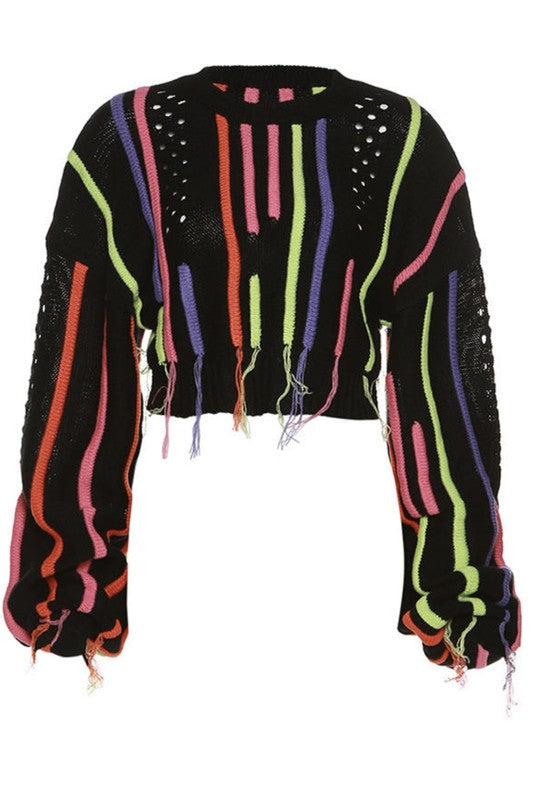 Distressed knit multicolored sweater