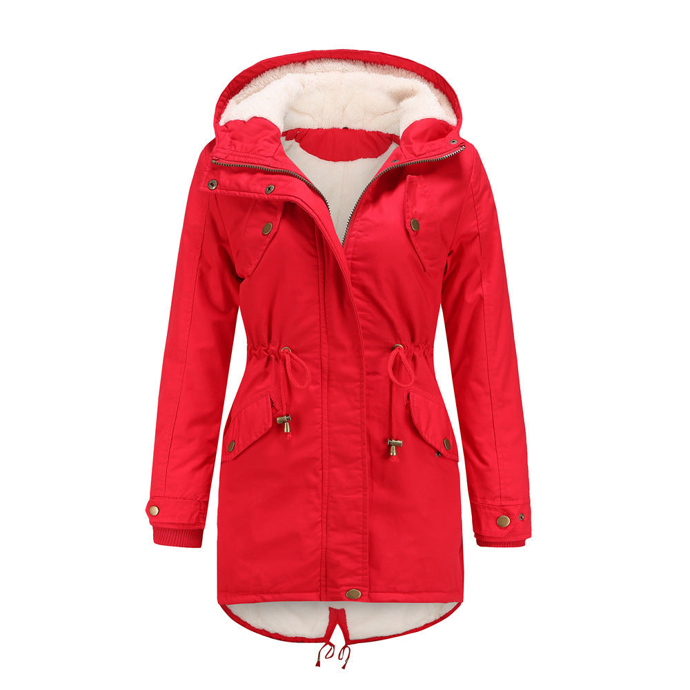 Size Autumn Winter New Women Cotton-Padded Coat Women Solid Color Hooded Drawstring Cinched Thickening Cotton-Padded Coat Velvet Cotton Clothes